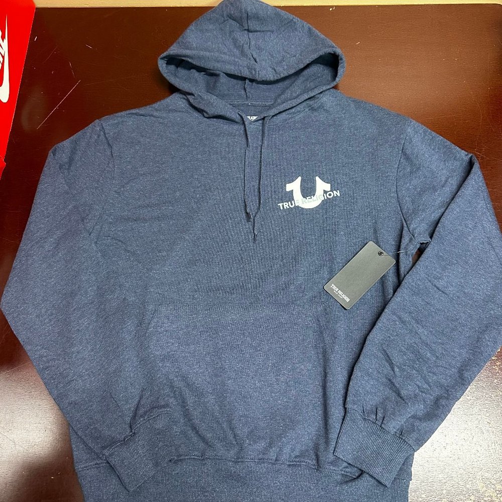 True Religion Mens Navy Slanted Repeat Long Sleeves Pullover Hoodie Size Large